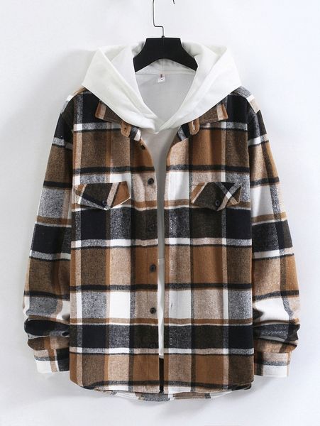 

men plaid print button front overcoat without hoodie y9c4#, Black;brown
