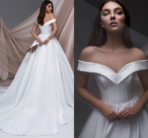 

2021 gorgeous satin wedding dresses off the shoulder sleeveless beading sweep train bridal gowns vestido de novia mariee, White