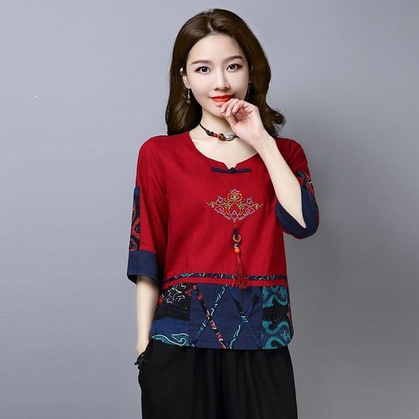 

xjstr style national nationality embroidery embroidery cotton hemp t-shirt women's 2019 summer mid sleeve print stitching nationality t, White