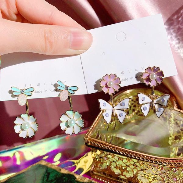 

dangle & chandelier mengjiqiao spring elegant metal flower butterfly drop earrings for women students holiday fashion pearl pendientes jewel, Silver