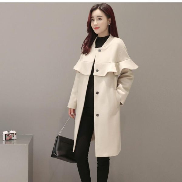 

autumn and winter korean version of the new woolen coat women mid-length fashion sweet ruffled woolen coat women trendy, Black