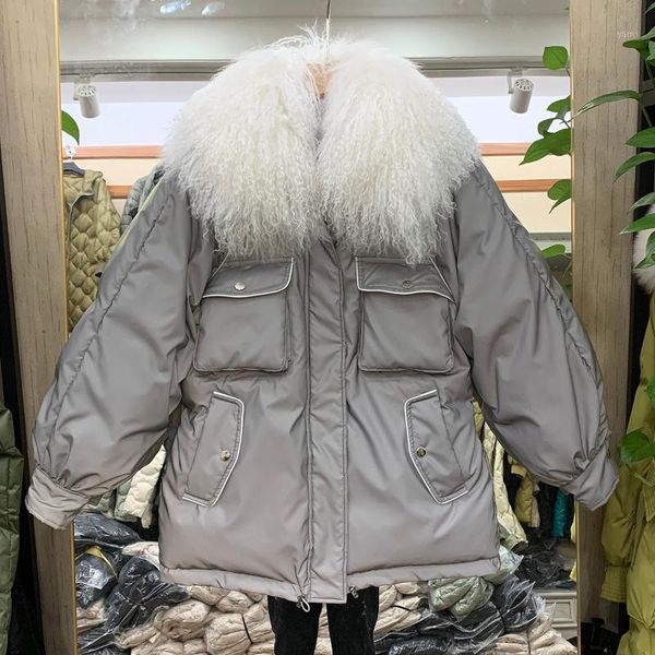 

luxurious sheep beach wool fur collar+white duck down jacket coat women's winter warm thick parka jacket hooded loose mid-length1, Black