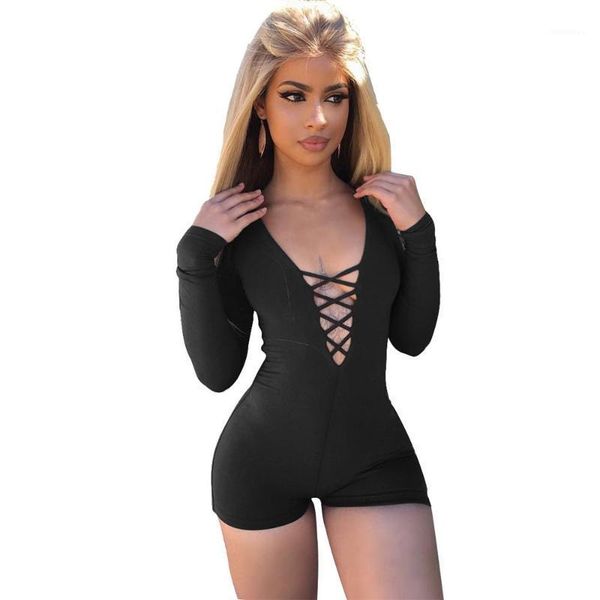 

black rompers long sleeved jumpsuit shorts nightclub deep bodysuit streetwear autumn clothes bodysuits overalls for women1, Black;white