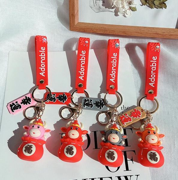 

2021 new cute cow doll keychains cartoon cowboy 3d silicone key chain men and women mascot car bags pendant accessories key ring gifts, Silver
