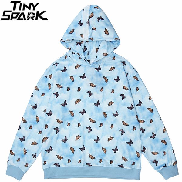 

men hip hop sweatshirt hoodie butterfly full print harajuku streetwear pullover autumn cotton blue hooded kg-493, Black
