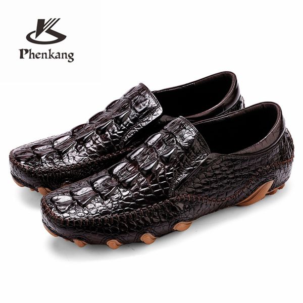 

mens casual shoes genuine leather men crocodile silp on sneakers driving coffee soft daily pea summer shoes male black 201019