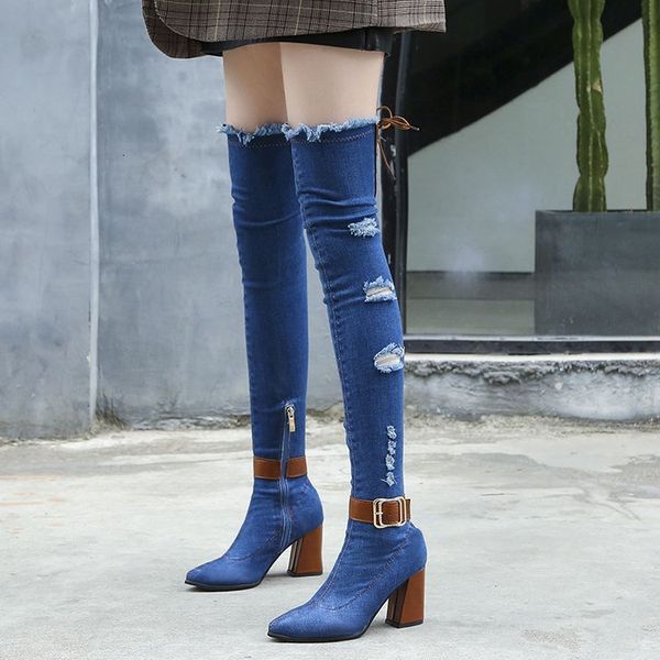 

2021 new women thin upper thigh denim winter boots chunky casual woman cowboy high heels on knee boot nzw1, Black