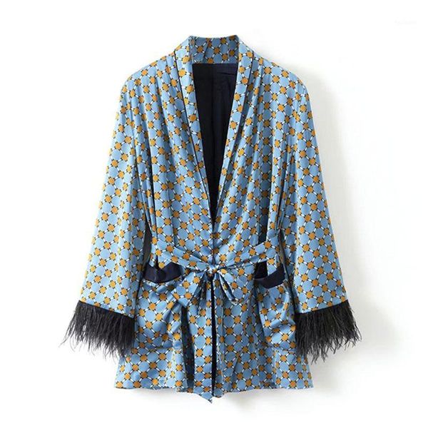 

2018 autumn vintage pajama outwear rayon women coat stylish ostrich hair sleeve elegant blue foral printed loose type belt1, Black;brown
