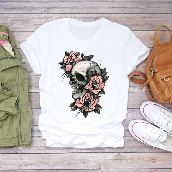 

women 90s casual skull horror floral flower halloween print lady t-shirts womens graphic t shirt ladies female tee t-shirt, White