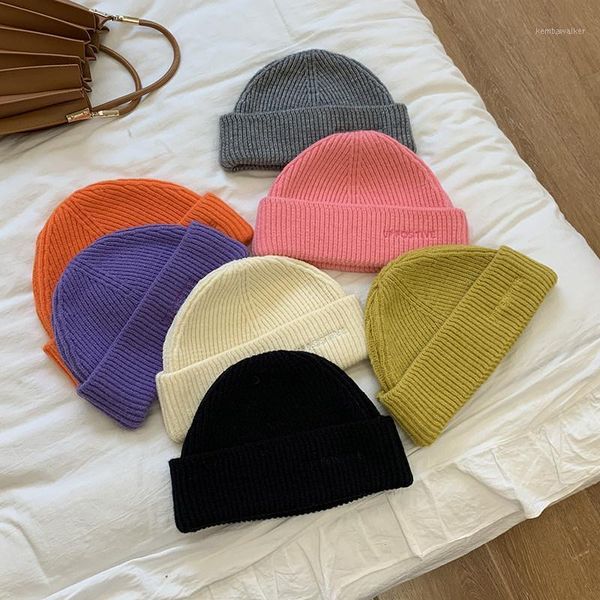 Beanie/Skull Caps Moda Coreano Cappello lavorato a maglia Donna Autunno Inverno Berretto caldo Viola Rosa Verde Grigio Arancione Blu Bianco Nero Cappelli per ragazze1