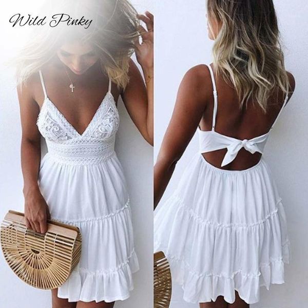 

summer woman lace dress backless v-neck beach dresses sleeveless spaghetti strap white mini sundress vestidos1, Black;gray