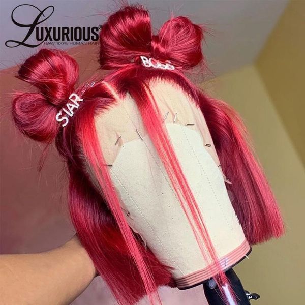 

lace wigs short bob colored human hair 200 density straight red front wig brazilian burgundy closure transparent, Black;brown