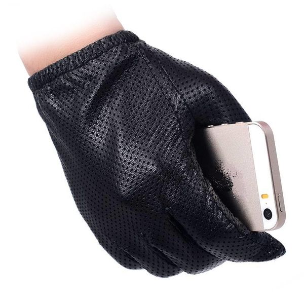 

men fashion genuine sheep leather short design touch screen real leather gloves mesh driving gloves 201021, Blue;gray