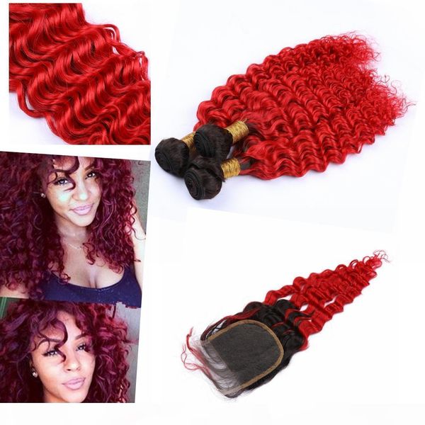 

ombre remy brazilian hair bundles with closure 4" * 4" ombre color #1b #613 deep wave ombre bundle hair with closure, Black;brown