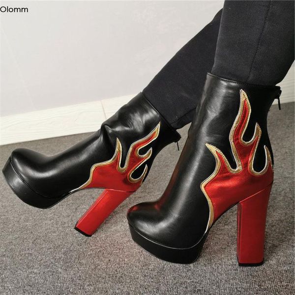 

boots olomm women platform ankle flame pattern square high heels round toe gorgeous black party shoes plus us size 5-15