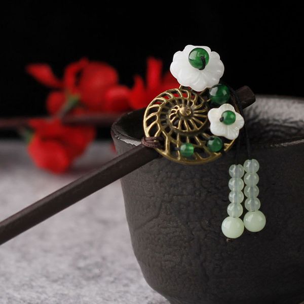 

ethnic wooden hairpin chinese ancient with cotton and linen clothing tassel classic cos hair accessories, Silver