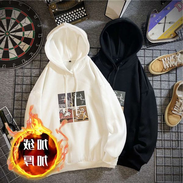 

mogu sketching fashion brand plush sweater men's casual hip-hop loose large size hooded long sleeves, Black
