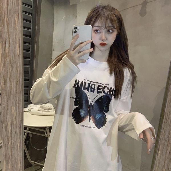 

w9kth butterfly graffiti long sleeve large spring and autumn fashion 2020 new women's t-shirt long sleeve ins wear fire butterflybutter, White