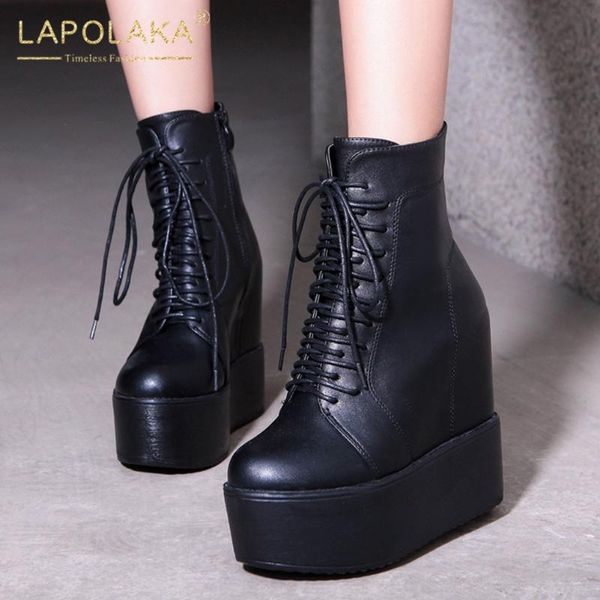 

boots lapolaka 2021 arrivals ankle woman shoes platform zipper concise height increasin spring autumn ladies footwear, Black