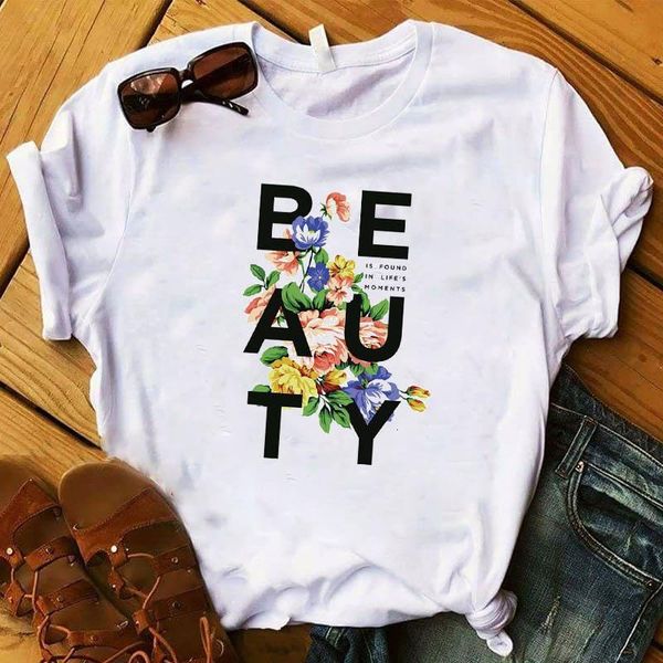 

women lady t shirt beauty flower printed tshirt ladies short sleeve loose tee shirt women female clothes graphic t-shirt, White