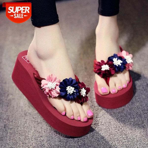 

size 35-40 summer slippers women's bohemia flip flops slippers beach flower handmade high heel shoes flip flops women #m37w, Black