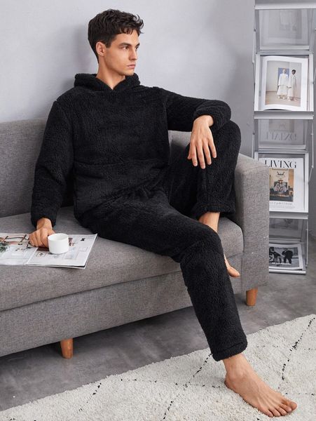 

men solid flannel hoodie & pants lounge set r5fv#, Black;brown