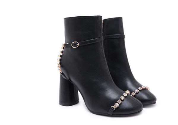 

new autumn and winter round head ankle boots for women thick heel high heel ankle boots water drill side zipper for, Black
