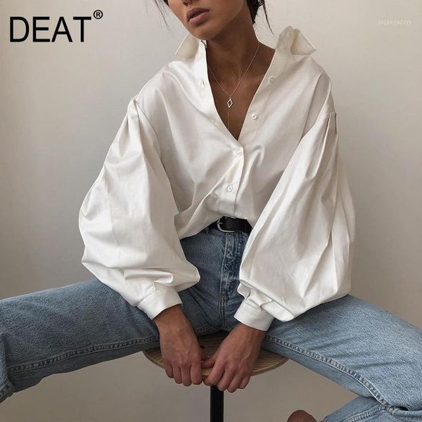 

women's blouses & shirts [deat]women blouse black white office lapel neck long lantern sleeve loose fit shirt fashion spring autumn 202
