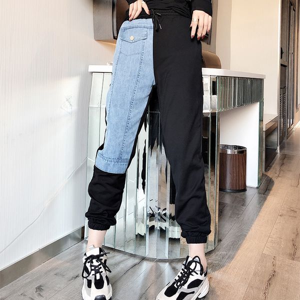 

new fashions 2021 contrast loose jogging autumn high sport female denies ankle-length pants n7le, Black;white