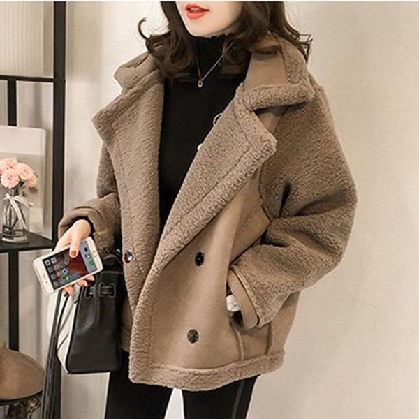 

women's wool & blends winter big lapel lamb fur jacket loose bf wind one suede motorcycle tide, Black