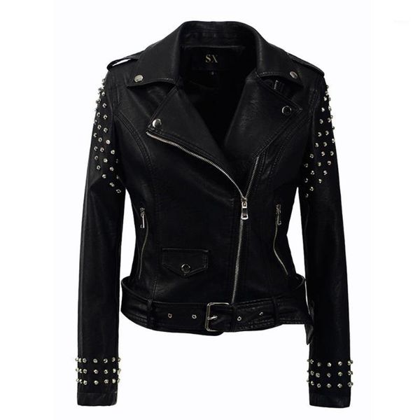 

new 2019 autumn fashion women rivet motorcycle pu faux leather plus size jacket studded outerwear streetwear gothic jackets1, Black