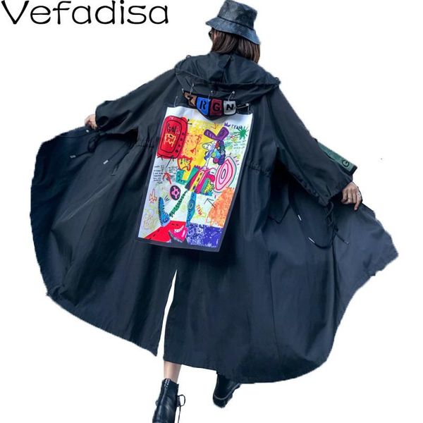 

women's trench coats vefadisa winter spliced coat woman cartoon print hooded casual drawstring waist irregular 2021 qyf881, Tan;black