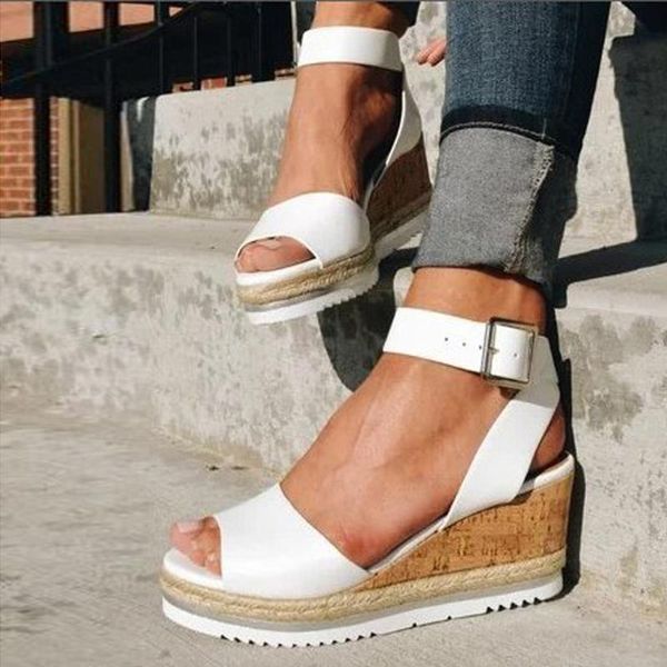 

retro womens fashion open toe ankle platform wedges shoes ladies roman sandals wedges casual shoes in sandalias mujer, Black