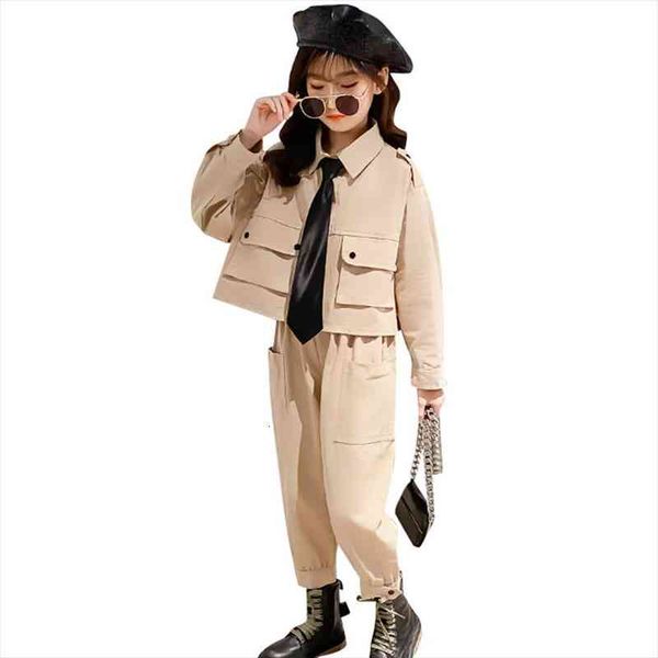 

children cargo clothes solid color tracksuits for girls jacket pants costumes for girls teenage childrens sports suit, White