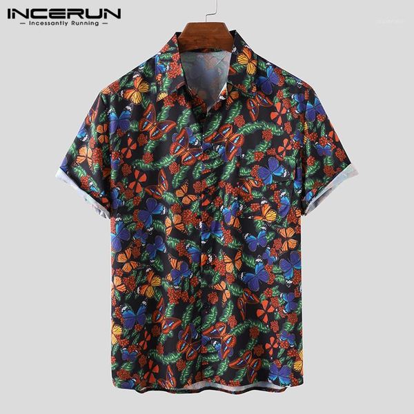 

incerun fashion men casual shirt printing chic lapel short sleeve streetwear brand hawaiian shirts button summer camisas hombre1, White;black