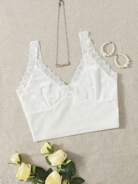 

lace trim crop velvet cami o54d#, White