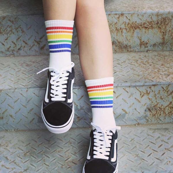

harajuku cool skateborad short rainbow socks art women fashion white cotton cocks hipster cartoon colored ankle socks female wmtppc xhlove, Black