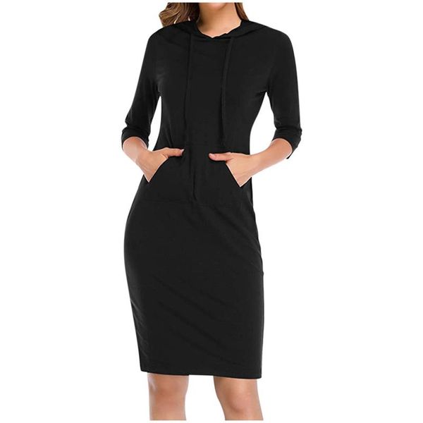 

2020 autumn women dress three quarter sleeve hooded drawstring pockets sweatshirt dresses woman elegant fashion solid vestidos, Black;gray
