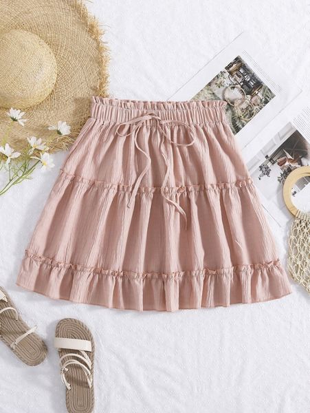 

frill trim knot front skirt j7l4#, Black