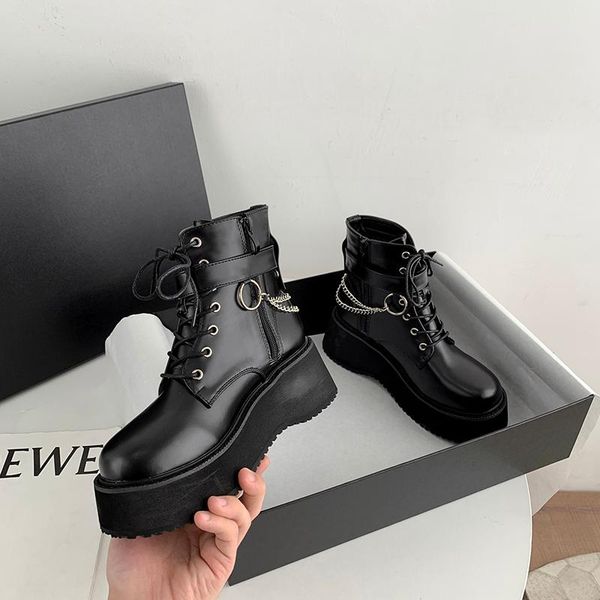 

boussac metal chain platform boots women buckle strap black punk goth boots women round toe winter ankle for