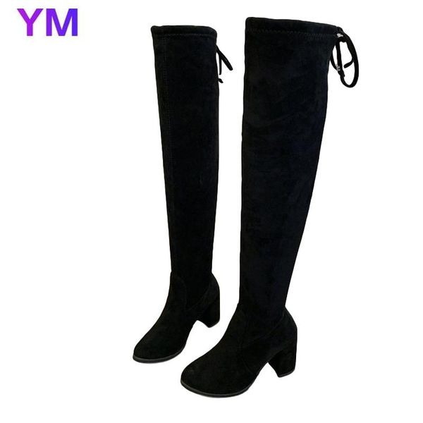 

winter over the knee boots women lace-up stretch fabric thigh high boots woman shoes long bota feminina black suede shoe