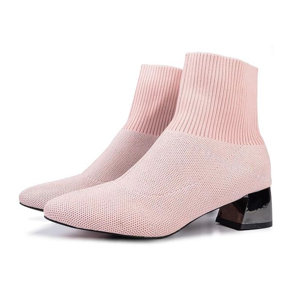 

boots black pink socks knitted stretch women's ankle 2021 elegant pointed toe mid heel ladies booties metal