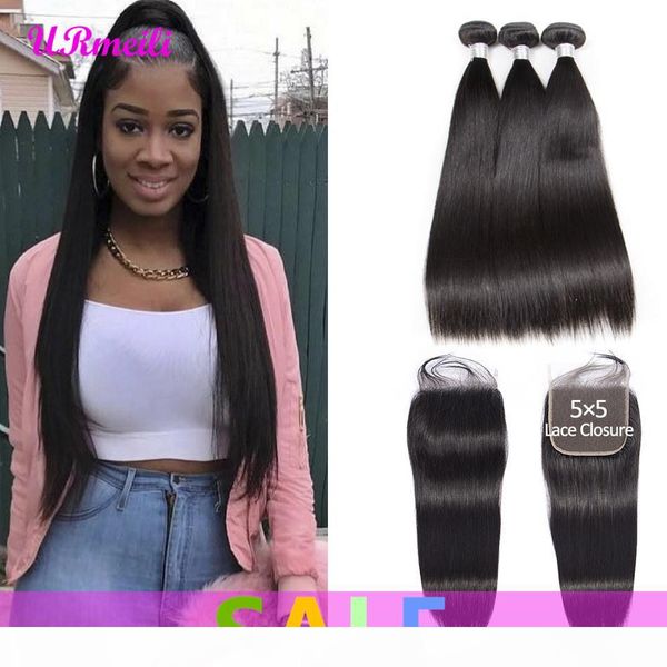 

5x5 lace closure with bundles peruvian straight human hair bundles with 5*5 closure natural color 100% remy hair weaves ing, Black;brown