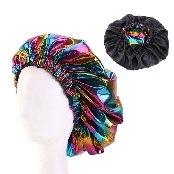 

women's sleeping cap loose tight band hat evening hair care hat silk laser colorful color head cover, Blue;gray