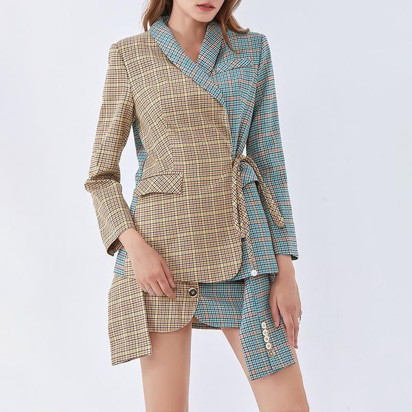 

in the autumn of 2020 the new fashion personality bump color grid system with small suit + short skirts leisure suit, White