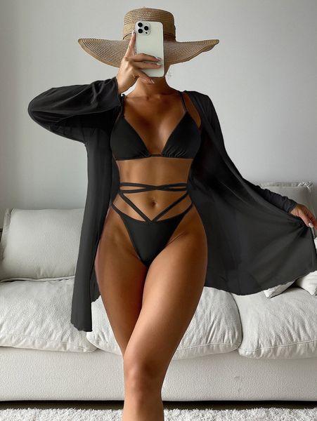 

plain criss cross halter triangle bikini swimsuit with kimono 748k#, White;black