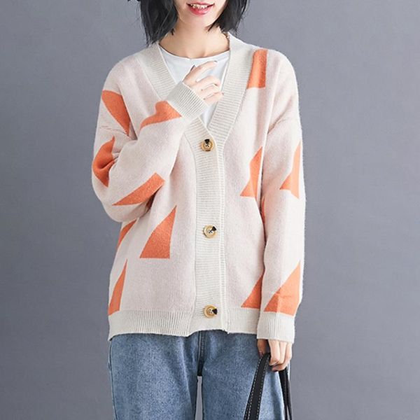 

2020 autumn new knit female cardigan loose streetwear knit sweater coat cute cartoon print v neck knitted cardigan women jacket, White