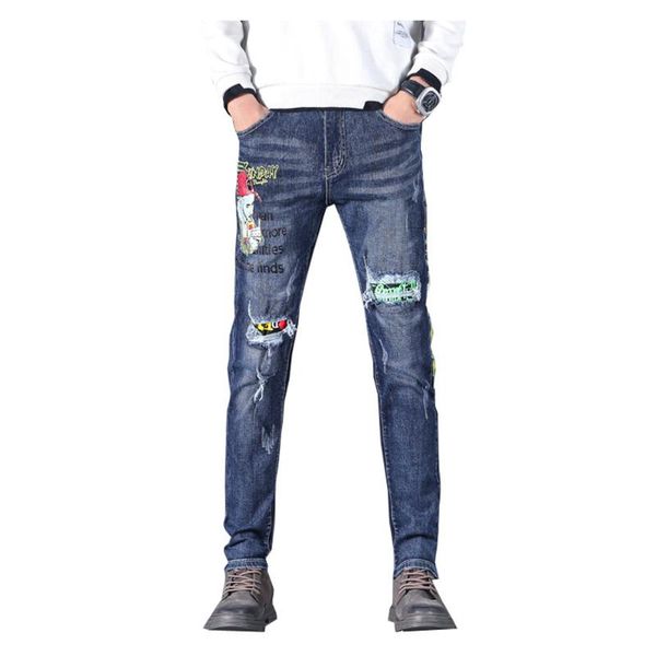 

men's jeans patchwork ripped print fashion smoke boy painted blue denim pants slim stretch pencil trousers
