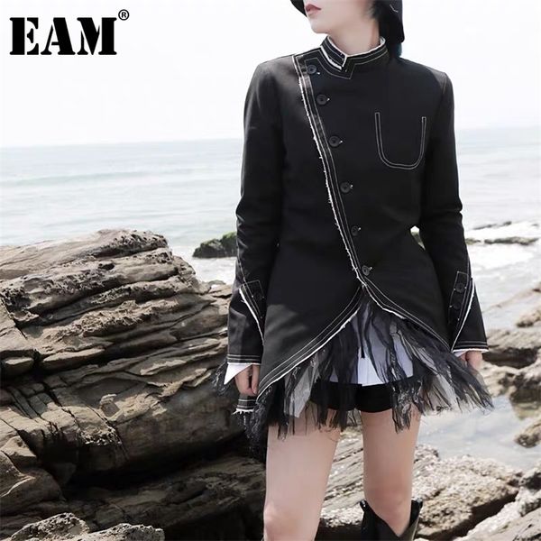 

[eam] women black irregular mesh spliced blazer new stand collar long sleeve loose jacket fashion spring autumn 2020 lj201214, White;black