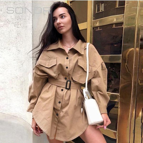 

autumn new women khaki fashion elegant temperament waistband slim trench coat turn-down collar long full office lady1, Tan;black